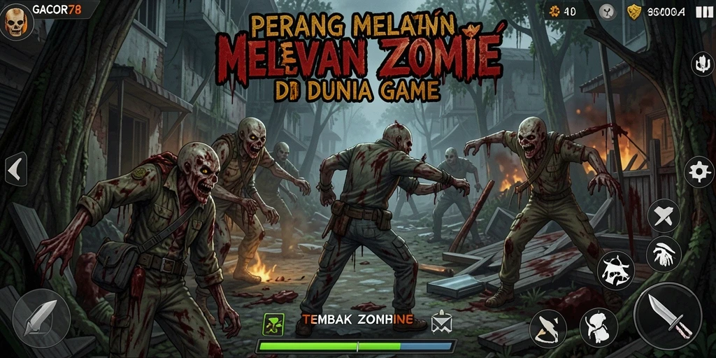 Screenshot GACOR78 menampilkan aksi menembak zombie yang intens.